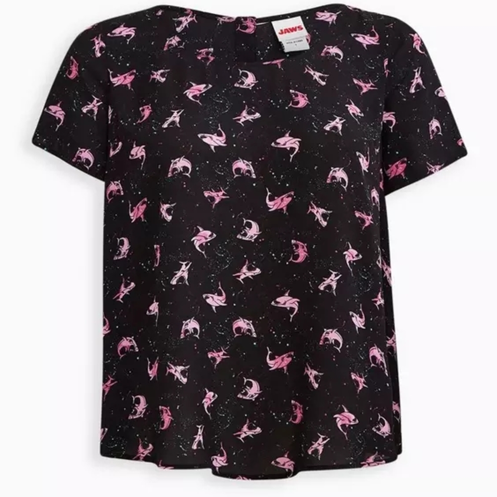 Like New Torrid Universal Jaws Georgette Blouse Shark Print - Picture 2 of 11
